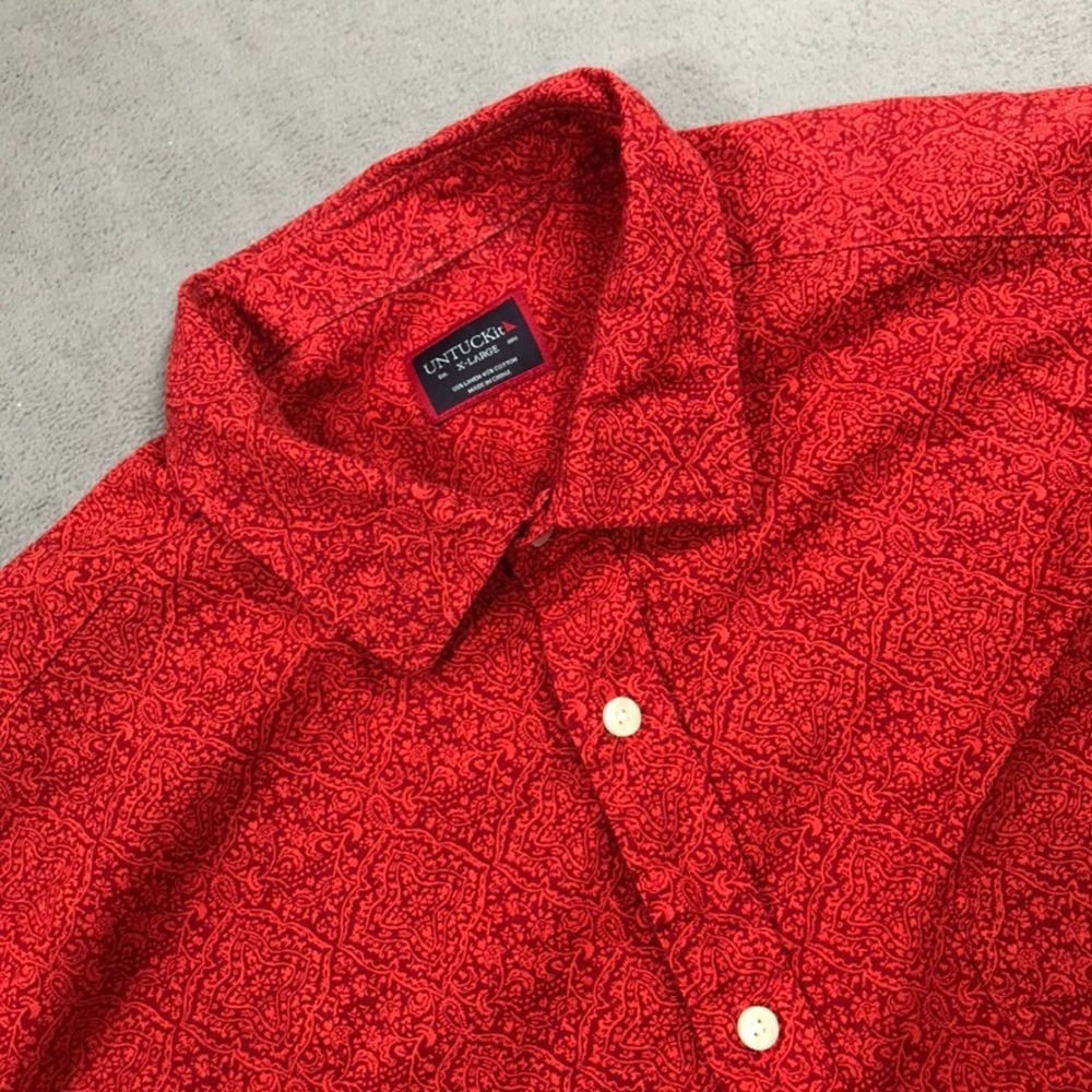 UNTUCKit Shirt Mens XL Red Paisley Linen Blend Short Sleeve Button Up Kurtz